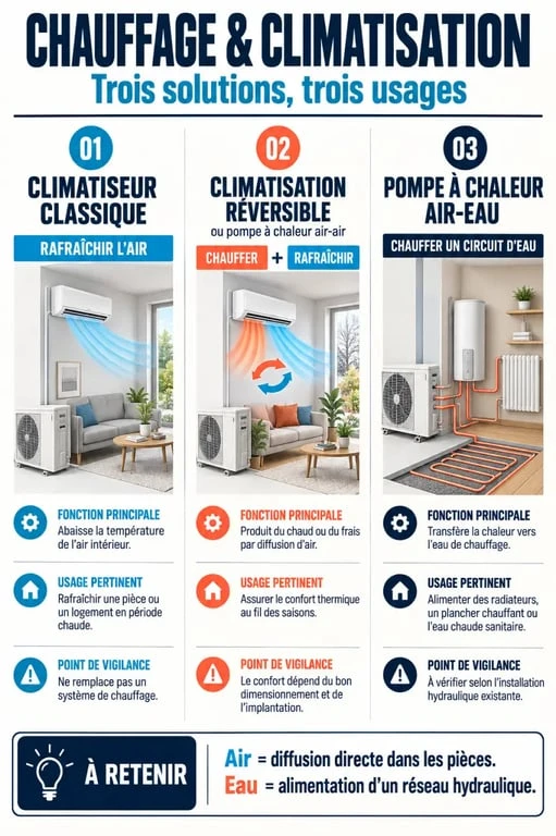 Infographie comparative sur le chauffage et la climatisation : climatiseur classique, climatisation réversible et pompe à chaleur air-eau