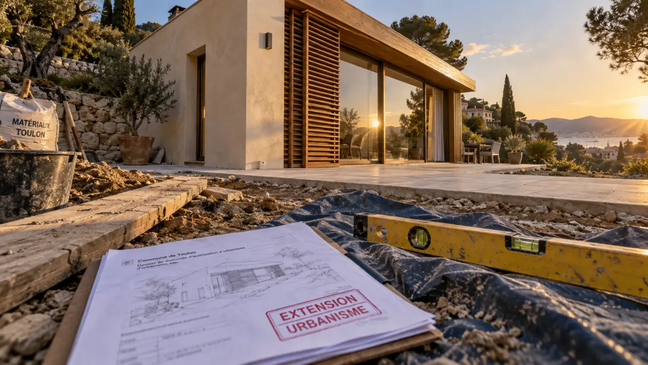 Extension maison Toulon en cours sur terrain en restanque, baie vitrée et murs en pierre