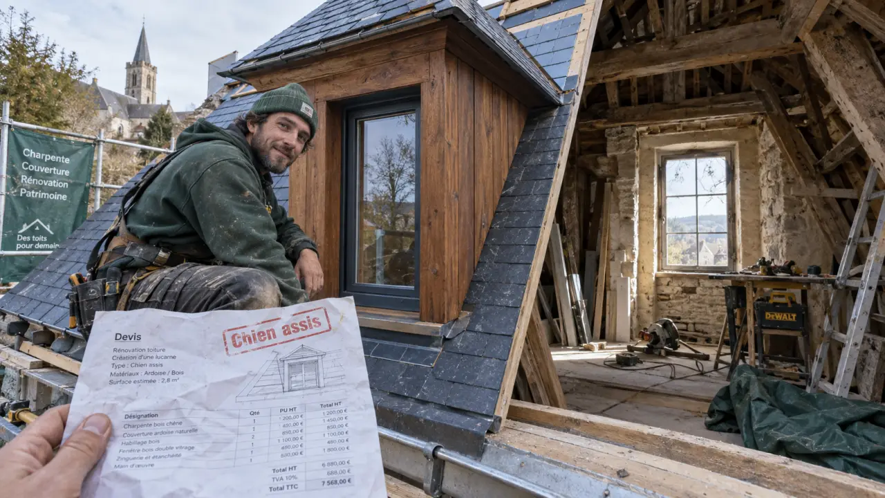 Maison chien assis : lucarne chien assis en rénovation de toiture, vue et volume