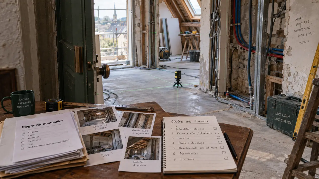 Ordre des travaux de rénovation : chantier, niveau laser, diagnostics et finitions