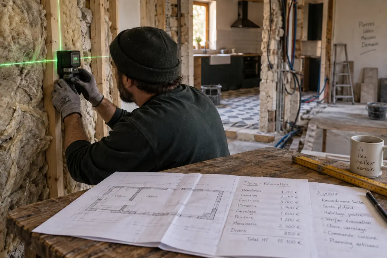 Rénovation intérieur maison Dole : ouvrier pose un niveau laser sur mur avec isolation