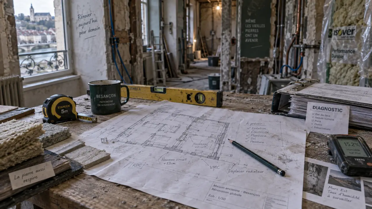 Rénovation maison Besançon : diagnostic chantier avec plan, mètre ruban et murs ouverts