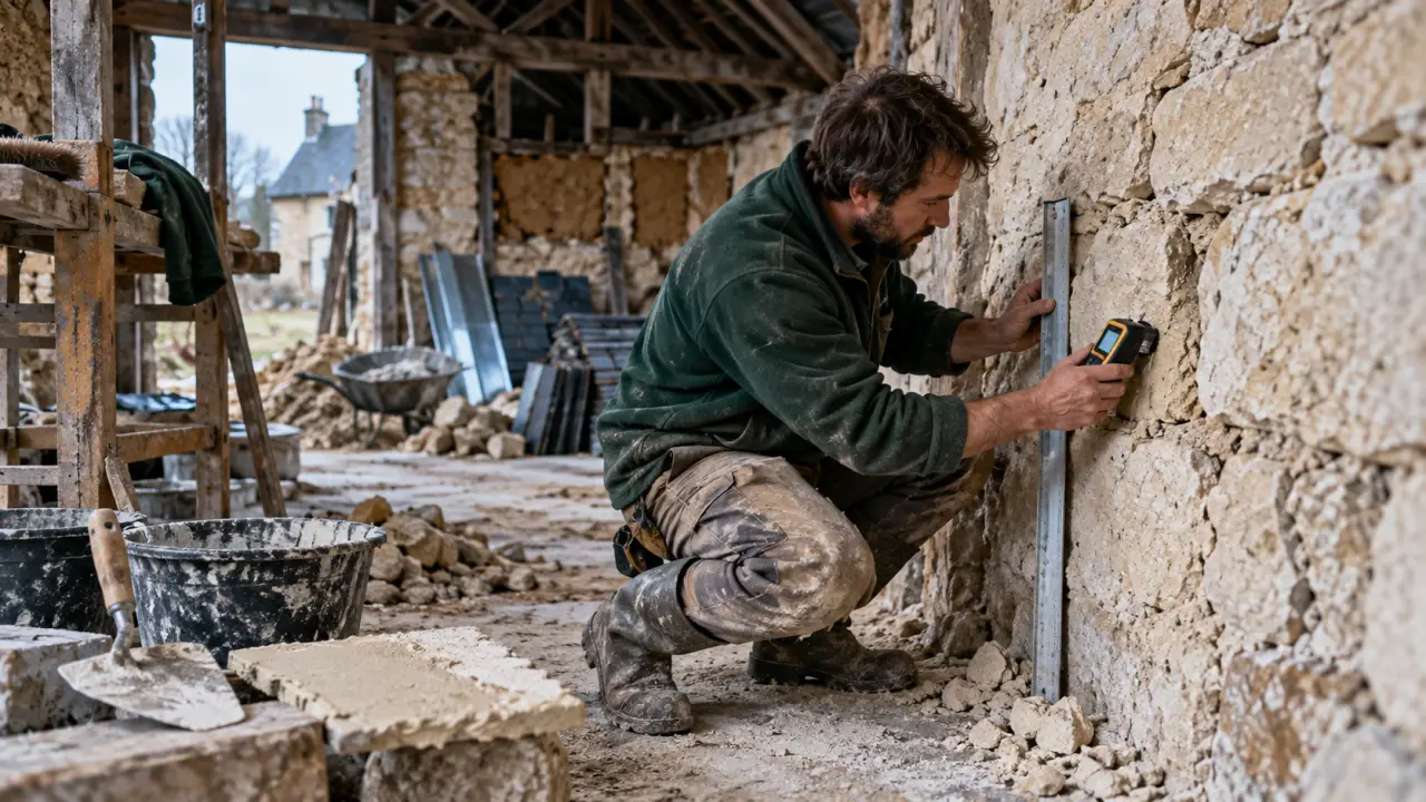Rénovation maison normande : technicien mesure l’humidité sur mur en pierre calcaire