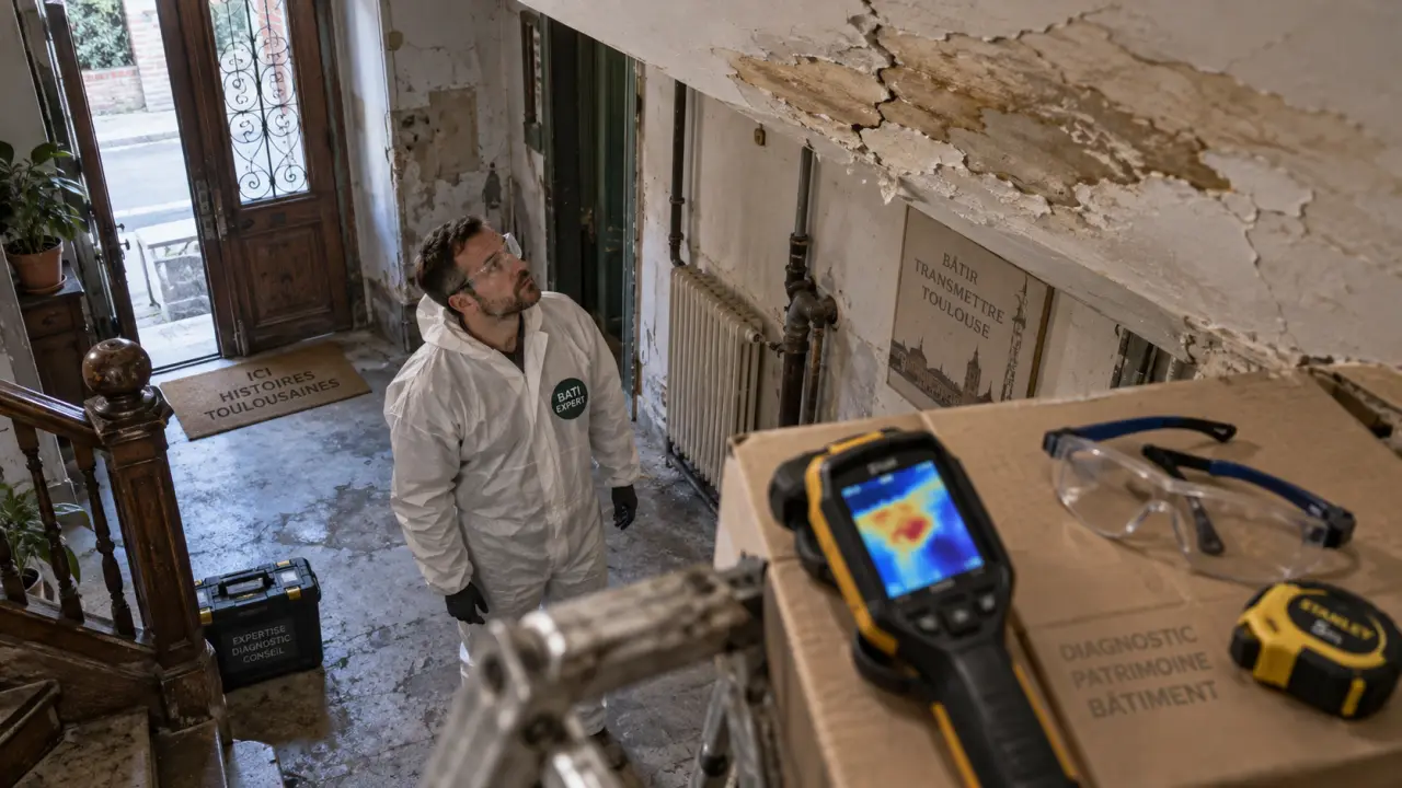 Travaux infiltration d'eau Toulouse : expert repérant une fissure au plafond humide avec thermographie.