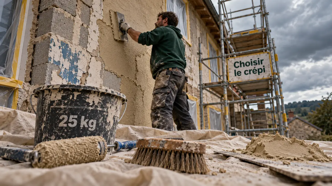 Crepi mur : artisan applique enduit sur mur extérieur en parpaing mal préparé