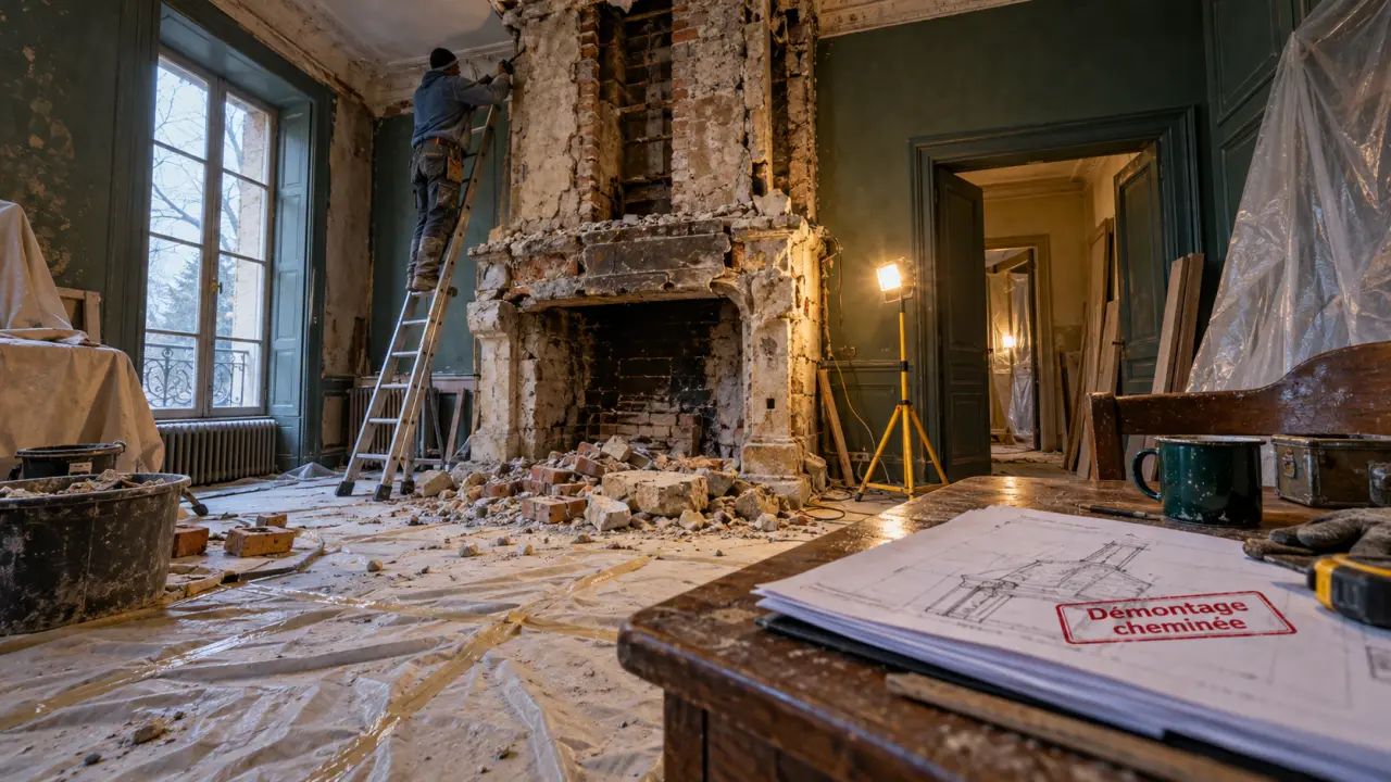 demontage cheminee : cheminée partiellement démontée, travaux de rénovation