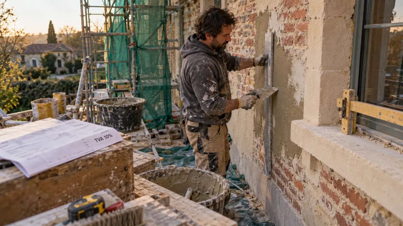 Devis ravalement de façade : artisan sur échafaudage