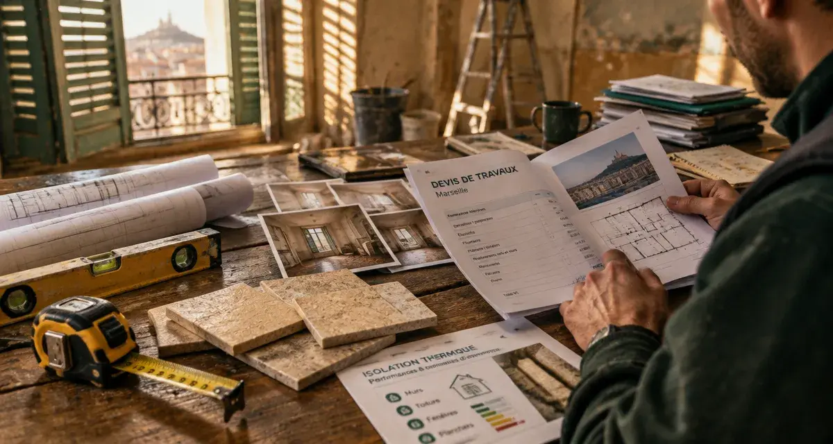 Devis travaux Marseille sur table, professionnel et plans de chantier