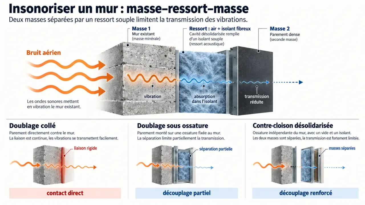 Schéma de principe pour l'insonorisation d'un mur avec doublage, isolant et contre-cloison désolidarisée