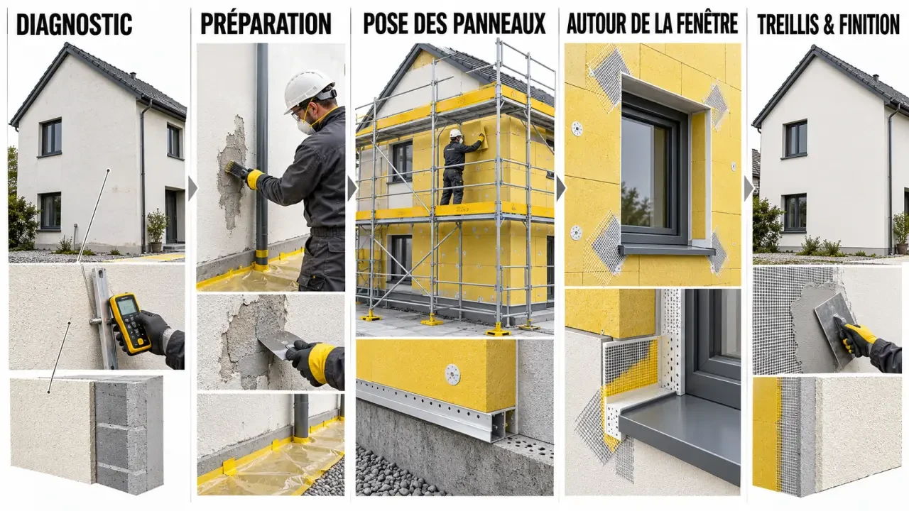 Illustration des étapes d’une isolation par l'extérieur soi-même avec échafaudage sécurisé et traitement des fenêtres