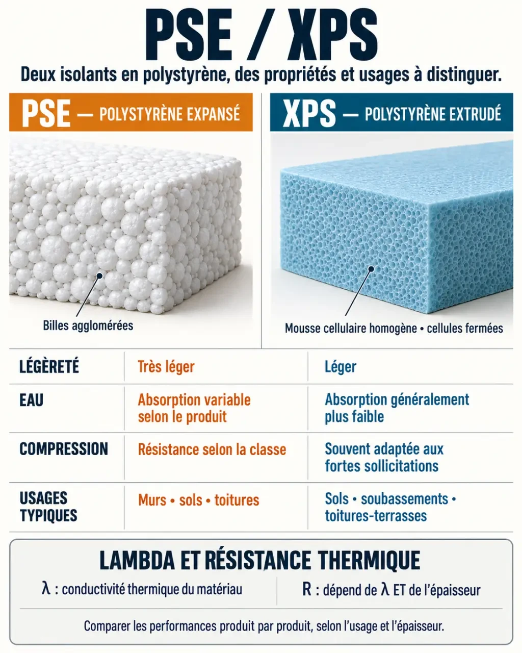 Infographie comparative polystyrène expansé ou extrudé : structure, humidité, compression et usages