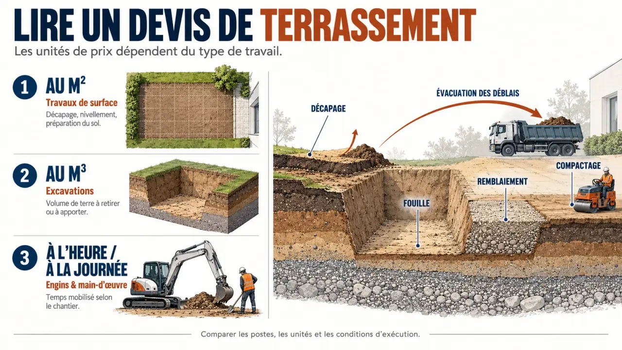 Infographie pour comprendre un devis terrassement et les unités de facturation
