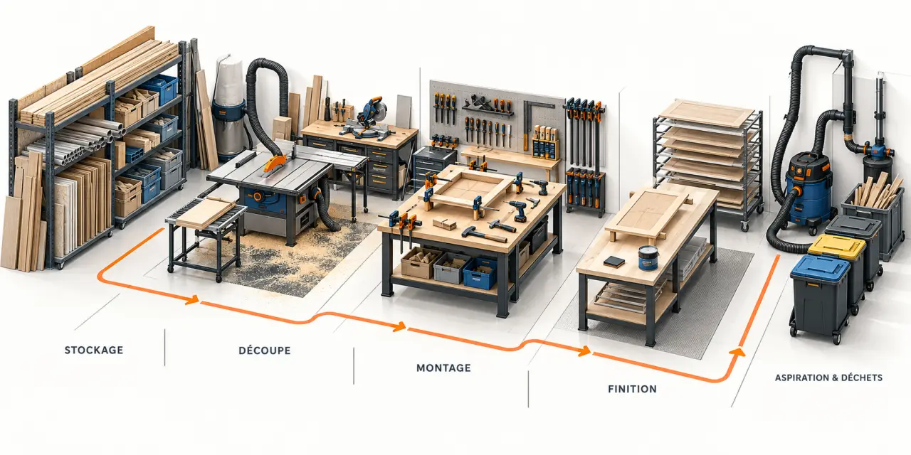 Organisation d'un atelier de bricolage maison avec zones de travail, rangement, stockage et finition